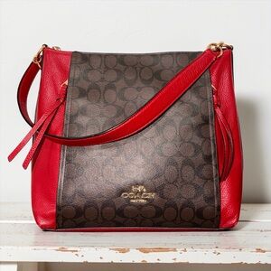 Coach Red and Brown Pebbled Leather Marlon Hobo bag in Signature Canvas